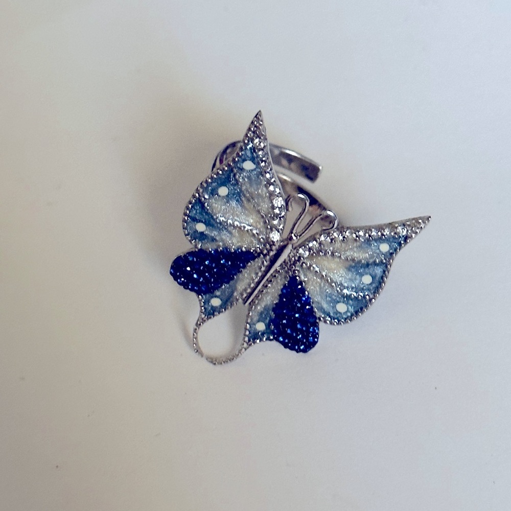 925 Silver ring blue butterfly sapphire and clear cz stones